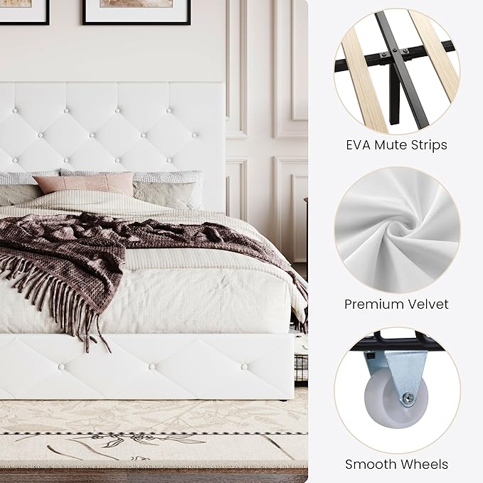 SHA CERLIN Queen Platform Bed Frame with 4 Oversized Storage Drawers, Adjustable Headboard with Velvet Upholstery, Diamond Button Tufted Design, Wooden Slat Support, No Box Spring Needed, White