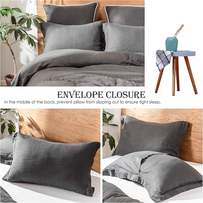 Simple&Opulence 100% Linen Duvet Cover Set 3pcs Basic Style Natural French Washed Flax Solid Color Soft Breathable Farmhouse Bedding with Button Closure - Dark Grey, King