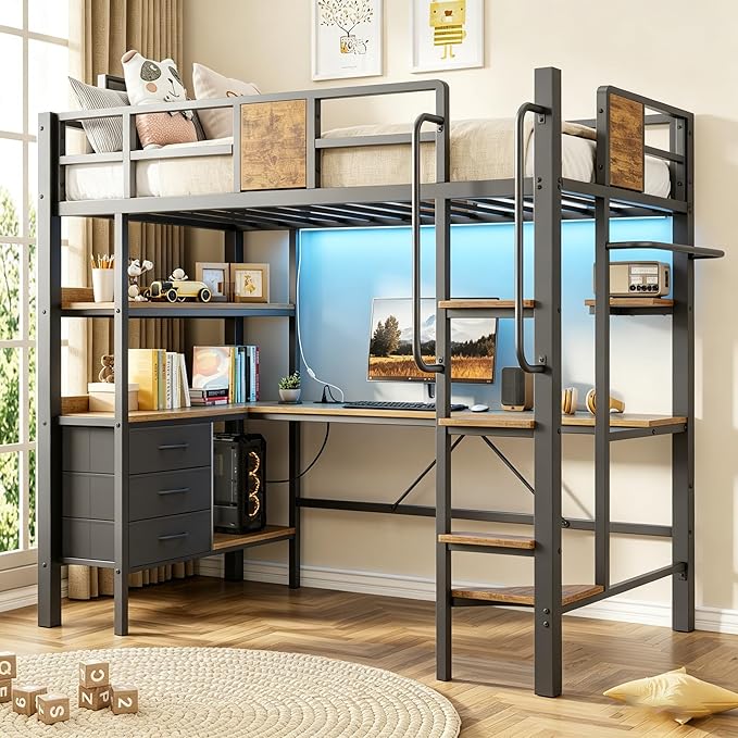 Garvee Twin Loft Bed with Desk and Stairs, Heavy Duty Loft Bed with RGB LED Lights, Charging Station, 3 Fabric Storage Drawers & 2 Open Shelves, No Box Spring Needed