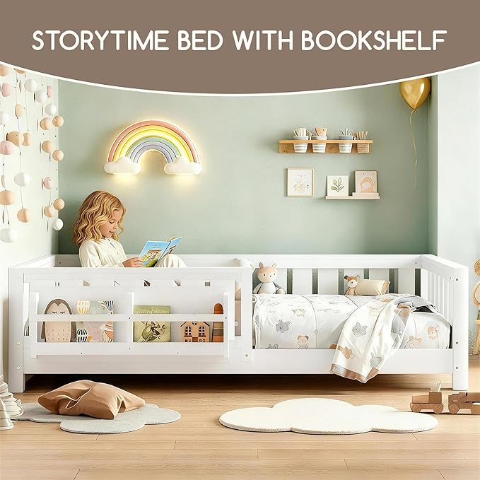 Bellemave Twin Floor Bed Frame with Fence & Bookshelf, Solid Pine Wood Twin Montessori Floor Bed with Slats Load 300LBS, Low Profile Floor Bed for Kids, Bedroom, Nursery, Easy Assembly, White