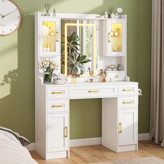 KAMABOKO White Vanity Desk with Mirror and Lights, Makeup Vanity Table with 6 Drawers & 4 Cabinets & Power Outlet, 3 LED Lights Modes Adjustable