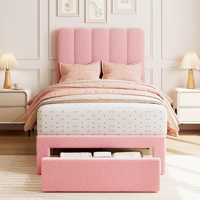 GarveeHome Twin Bed Frame with Under-Bed Drawer, Upholstered Platform Bed with Wave Headboard for Kids/Girls, Wooden Slats Support, No Box Spring Needed, Boucle Pink, 2 Sets