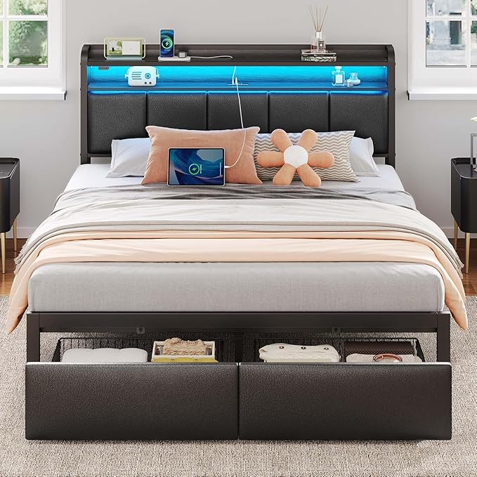 Rolanstar Bed Frame Queen Size with Charging Station and LED Lights, Upholstered Headboard with Storage Shelves, Heavy Duty Metal Slats, No Box Spring Need, Noise Free, Easy Assembly, Black