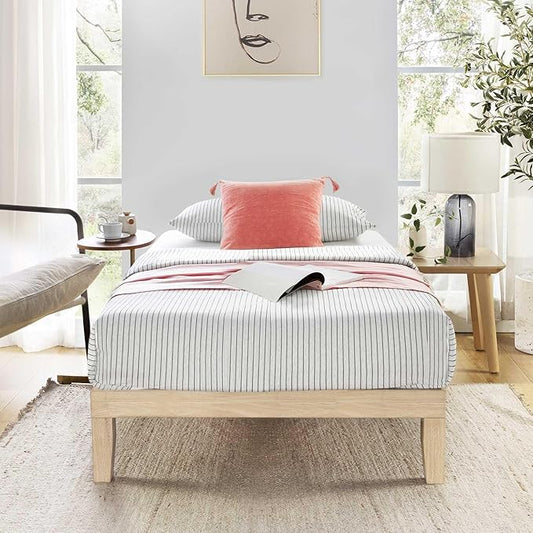 Mellow Naturalista Classic 12 Inch Solid Wood Platform Bed with Wooden Slats, Twin, White Wash