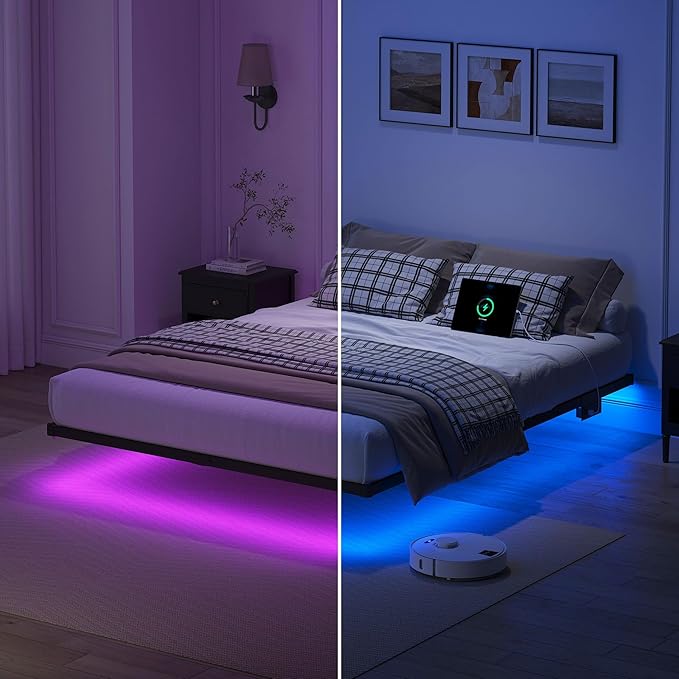 YORMDMO Floating Bed Frame King Size, Heavy Duty Bedframe with Smart LED Lights & Charging Station, Modern Metal Platform Bed, Easy Assembly No Box Spring Needed, 10 Inch