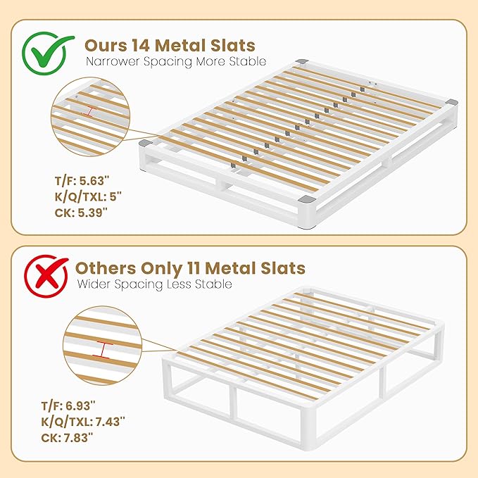 6 Inch Full Size Bed Frame with Rounded Corner and Squeak Free U-Slot Design, Metal Platform Bed Frames 6 Non-Slip Guards, 3500lbs Heavy Duty Steel Slat Support, No Box Spring Needed, White