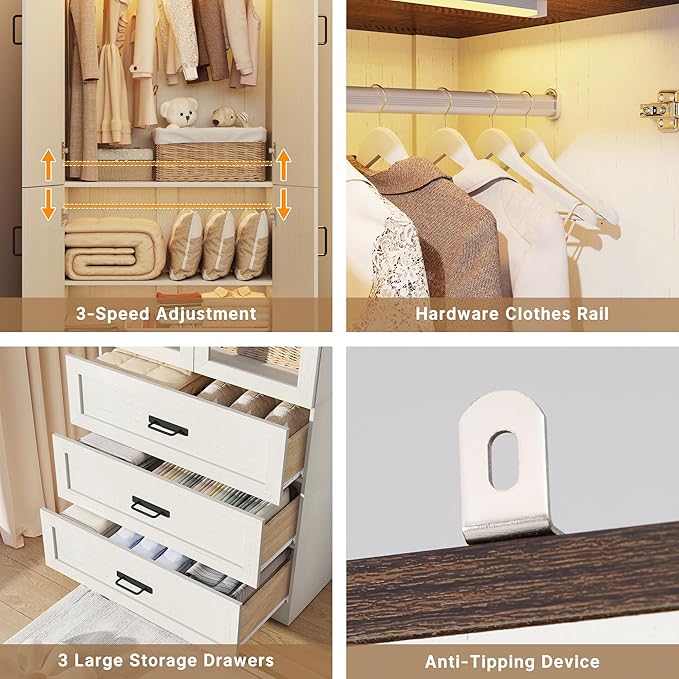 75" Tall Farmhouse 2 Doors Armoire Wardrobe Closet with 3 Drawers and LED,Freestanding Closet Wardrobe Cabinet for Bedroom with Hanging Rod,Wooden Armoire Storage Cabinet Adjustable(Rustic Off White)