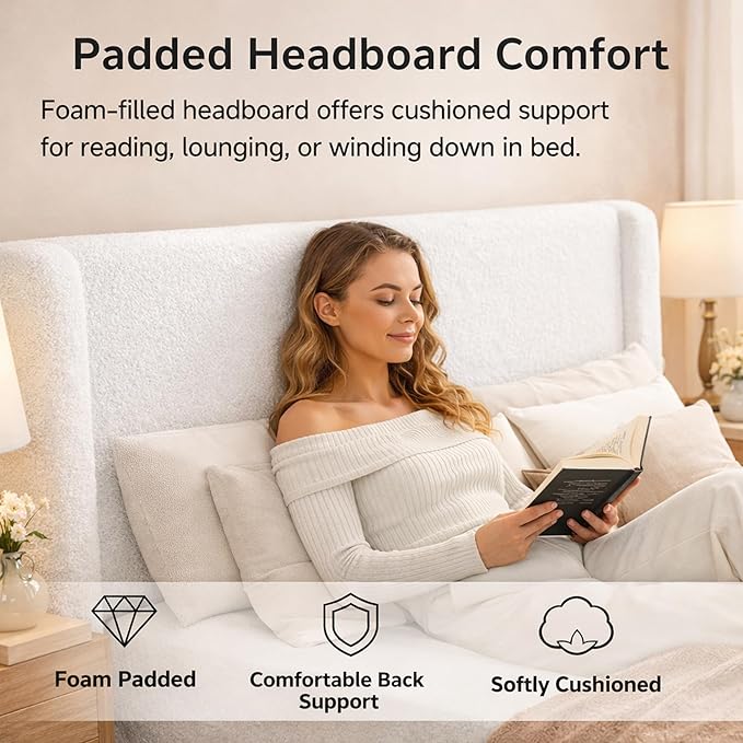 King Boucle Upholstered Platform Bed Frame with Adjustable Wingback Headboard, Cloud Bed with Solid Wood Legs, No Box Spring Needed, Easy Assembly, White