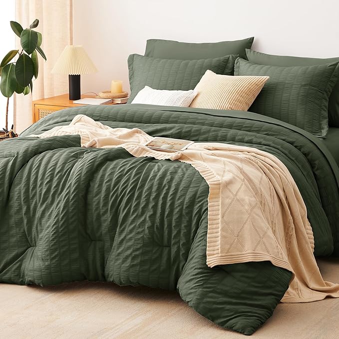 CozyLux Queen Comforter Set Dark Green Seersucker 7 Pieces Bed in a Bag Queen Comforter Set with Sheets, Luxury Bedding Set with Down Alternative Comforter, Sheets, Pillowcases & Shams All Seasons
