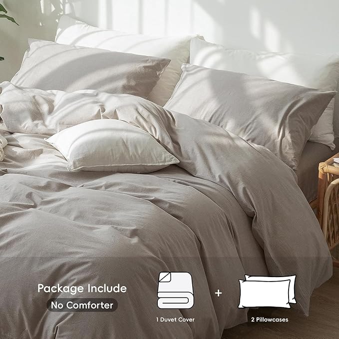 MooMee Bedding Duvet Cover Set 100% Washed Cotton Linen Like Textured Breathable Durable Soft Comfy (Heathered Brownish Grey, Super King Plus 120"x120")