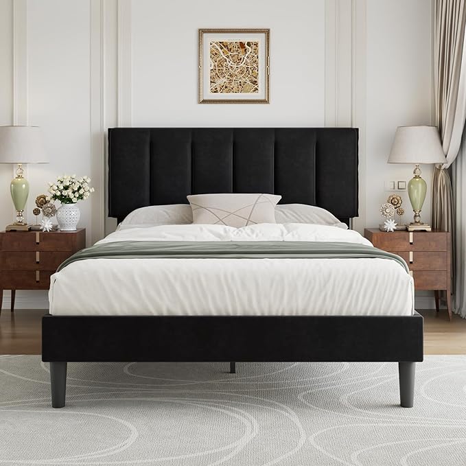 VECELO Queen Bed Frame with Upholstered Headboard, Heavy-Duty Platform Bedframe with Strong Wooden Slats Support, No Boxing Spring Needed, Velvet & Black