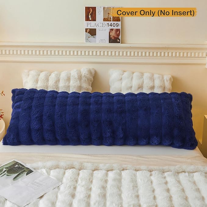 LIFEREVO Fluffy Faux Rabbit Fur Body Pillow Cover, Luxury Bubble Waffle Shaggy Plush Bed Pillowcase with Zipper Closure, Royal Long 20"x54" Fuzzy Furry Pillow Case for Adults Kids Girls, Navy Blue