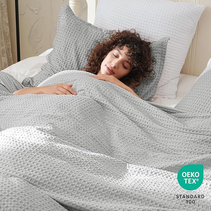PHF Waffle Weave Duvet Cover Set Queen Size, No Snagging Ultra Soft Luxury Textured Breathable Comforter Cover for All Season 3pcs, Durable Bedding Duvet Set with 2 Pillow Shams, 90"x90", Light Grey