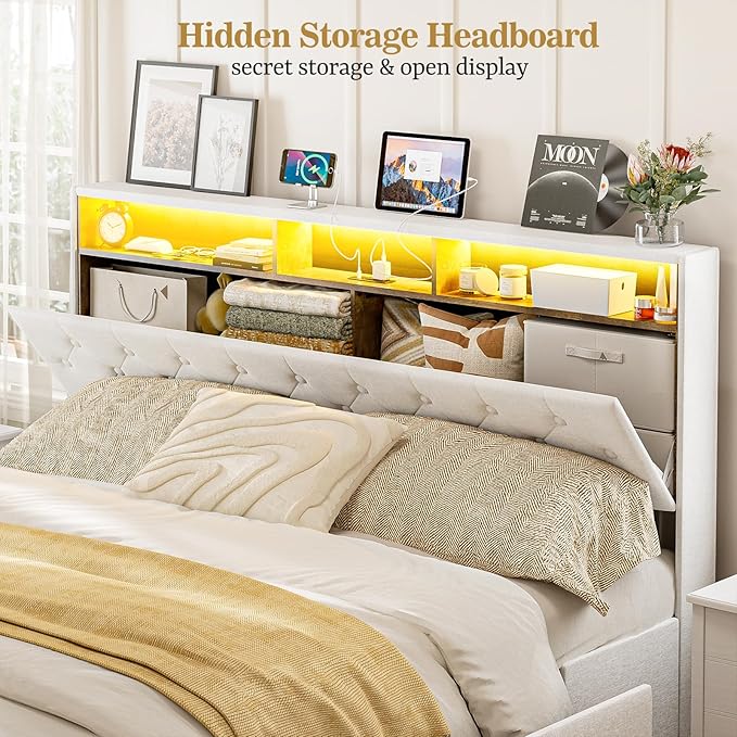 California King Bed Frames with 4 Drawers, Hidden Storage Headboard with LED Lights and Charging Station, Upholstered Cal King Platform Bed, Noise Free, No Box Spring Needed, White