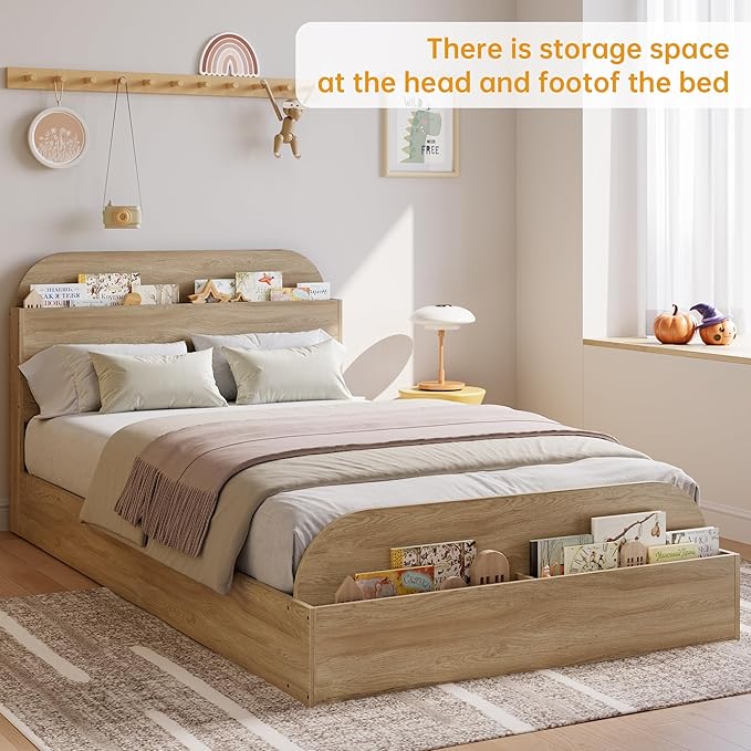 Garvee Twin XL Size Bed Frame with Storage Headboard and Raised Footboard – Wooden Twin-Floor Low Platform Bed for Kids, Heavy Duty & Noise Free, No Box Spring Needed, Natural Wood