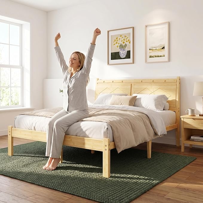 Askeld 14 inch Bamboo Queen Bed Frame with Headboard, Light Cottagecore Solid Wood Platform Bed with Heavy Duty Metal Slats, No Box Spring Needed, Easy Assembly, Noise Free