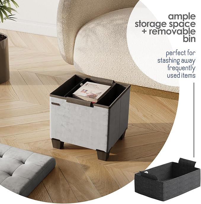 Storage Ottoman Cube with Small Bin, 15-in Square Ottoman with Storage for Living Room and Bedroom, Small Ottomans Foot Rest, Velvet Foot Stools Ottomans Max 330lbs, Light Grey