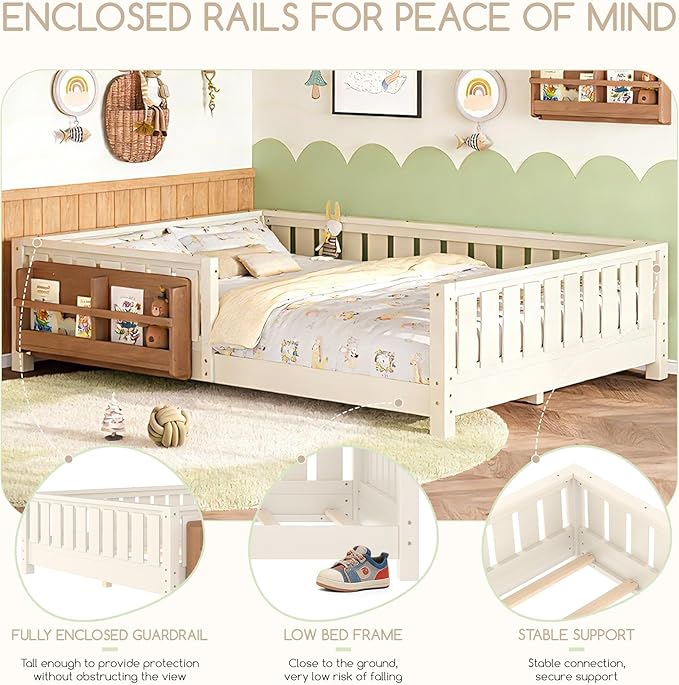 Bellemave Queen Floor Bed Frame with Fence & Bookshelf, Solid Pinewood Montessori Floor Bed Frame Queen with Slats Load 550LBS, Low Floor Bed for Kids, Bedroom, Nursery, Easy Assembly, Beige