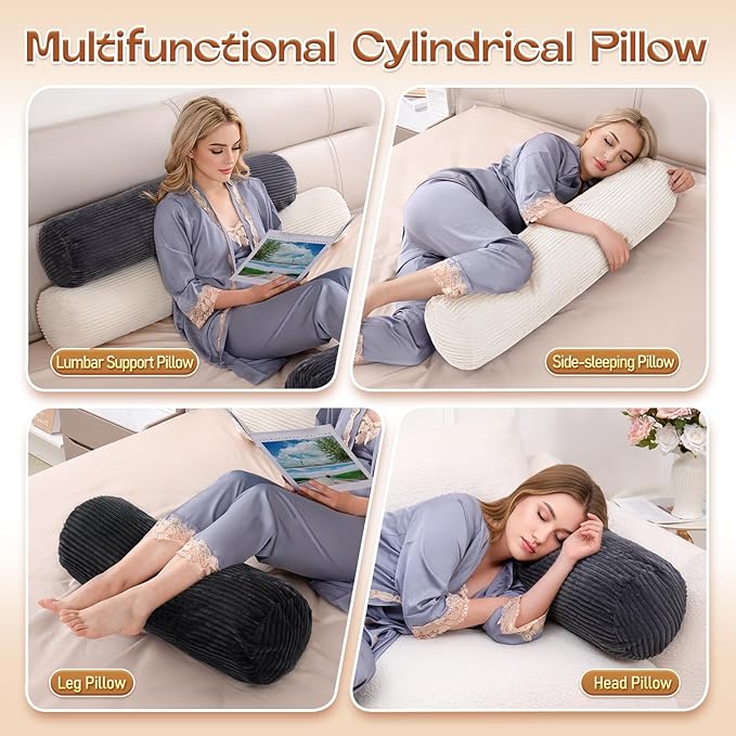 1 MIDDLE ONE Body Pillow for Adults, Long Bolster Pillow for Bed, Decorative Round Roll Hug Pillow with Corduroy Cover (Black, 47x7.87 Inch)