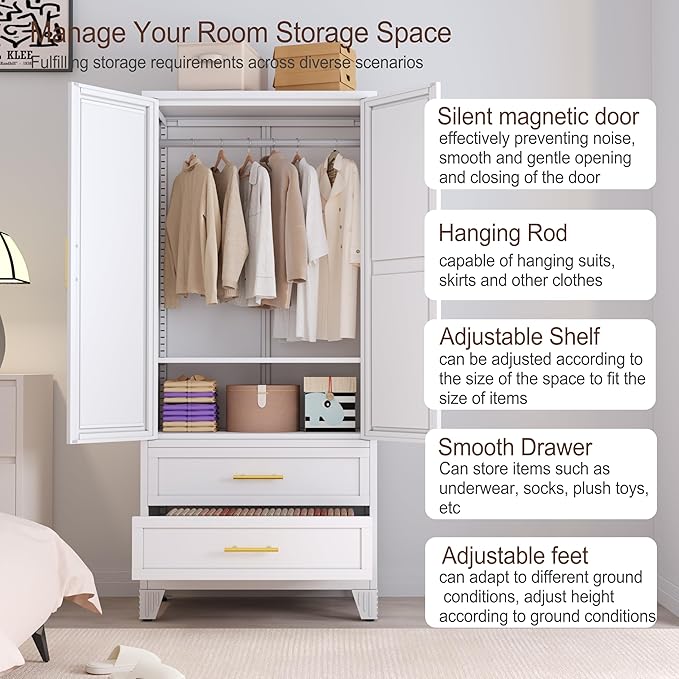 erosoei Metal Armoire Wardrobe Closet, 71 "Metal Clothing Storage Cabinet with Mirror and Adjustable Shelves, Household Steel Wardrobe Storage Cabinet with 2 Drawers and Hanging Rod(Armoire-White)