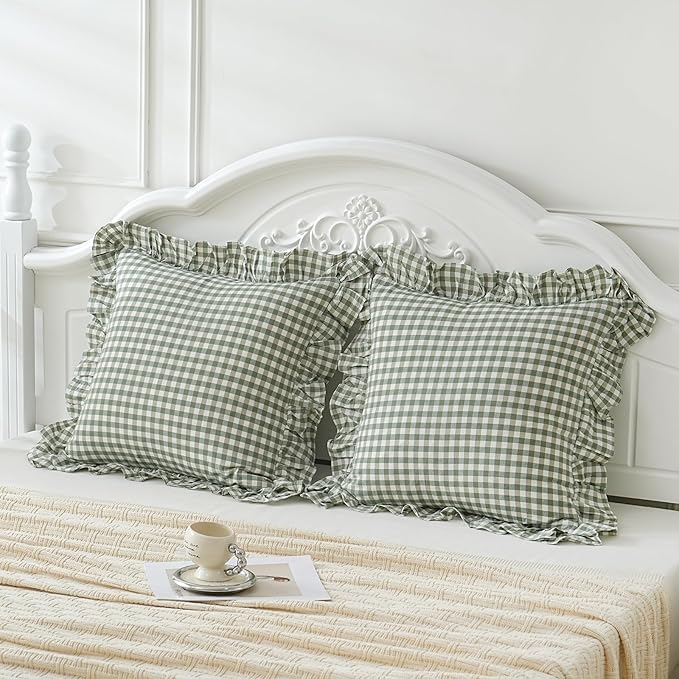 2 Pack Sage Green White Plaid Ruffle Euro Shams Pillow Covers 26x26 inches, 100% Cotton Gingham Checkered Farmhouse Pillowcases for Bed/Sofa (26x26 inches, Sage Green/White Plaid)