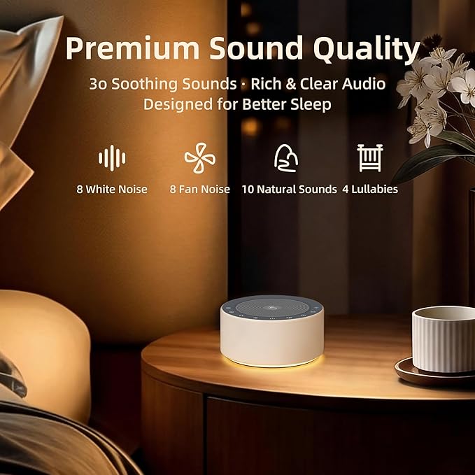 Kipcush White Noise Machine - Soft Non-Glare Nursery Lamp, 30 Soothing Sounds, 8 Color Lights, Max 8-Hour Timer for Baby & Adults (White, Standard)