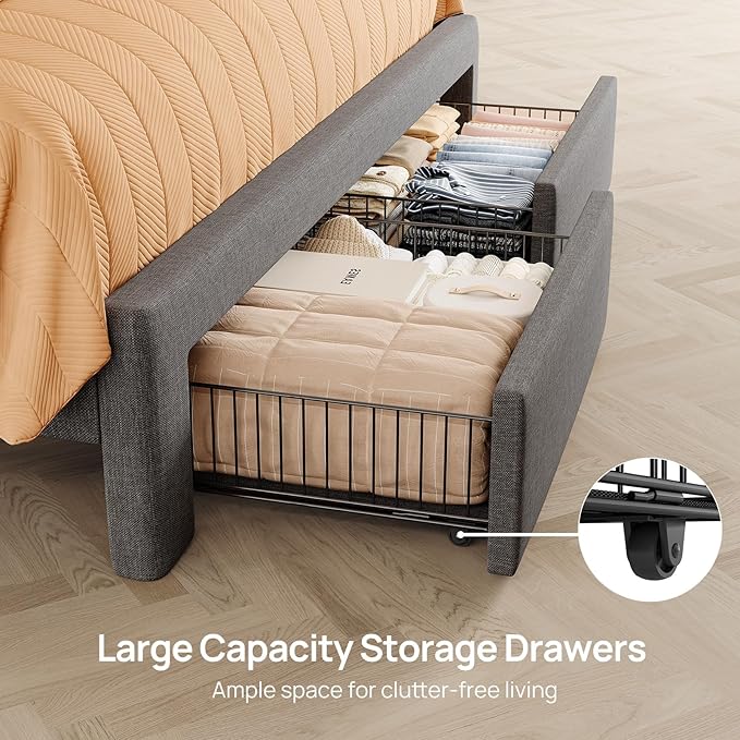 Rolanstar Queen Bed Frame with Drawers, Storage Headboard with Charging Station and LED Lights, Upholstered Bed with Heavy Duty Wood Slats, No Box Spring Needed, Noise Free, Easy Assembly, Dark Grey