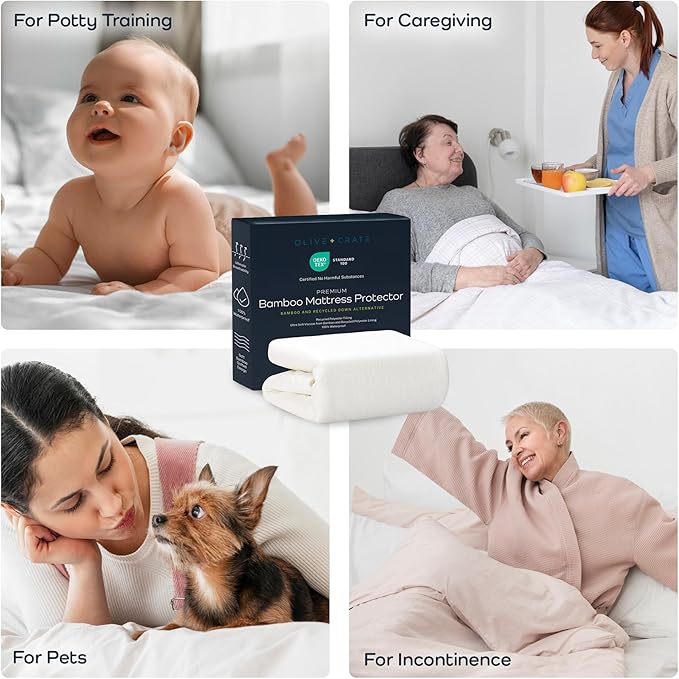 Olive + Crate 100% Viscose Bamboo Mattress Protector - Eco-Conscious Cooling Mattress Cover - Waterproof Hypoallergenic Protection - Breathable Full Size Shield Against Dust & Spills