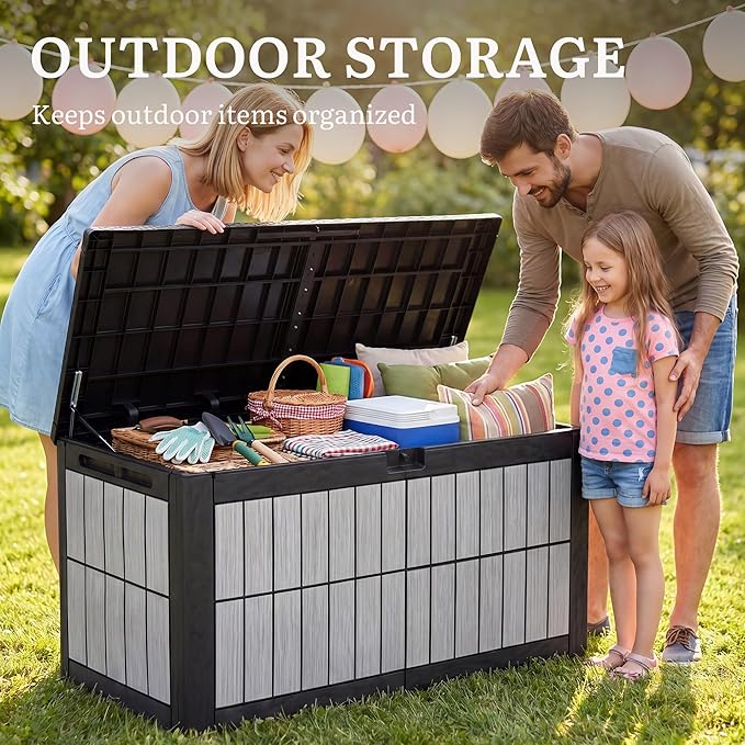 YITAHOME 134 Gallon Large Deck Box, Waterproof Resin Outdoor Storage Box with Lock, Doubles as Bench Seating for Patio Furniture Cushions,Garden Tools & Pool Accessories, Black & Wood-Grain Gray