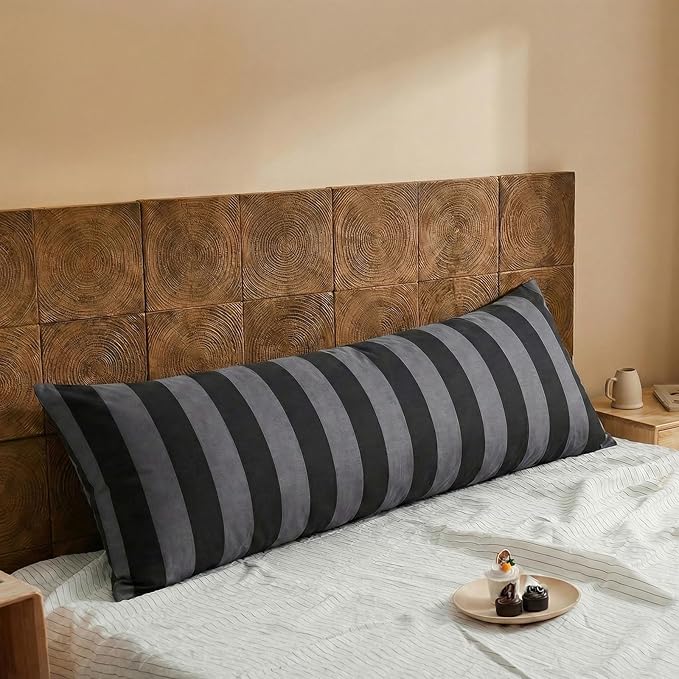 Merryword Body Pillow Cover 20x54inches, 100% Cotton Pillow Case, Black and Gray Striped Pillowcase, Luxury Linen Like Pillowcase, Soft Breathable Wide Stripes Long Pillowcase, 1-Piece