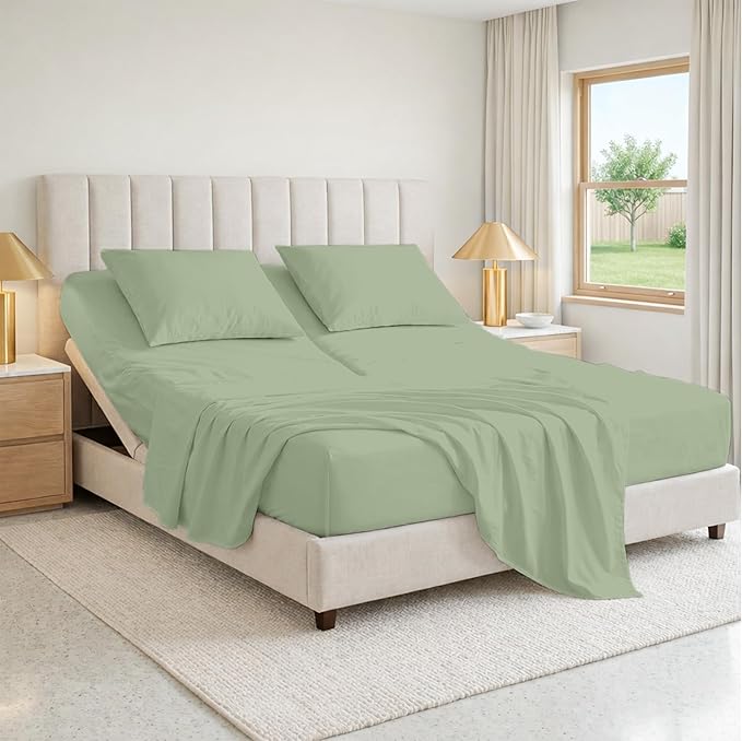 SGI bedding 28" King Split Top Flex Head Sheet 100% Egyptian Cotton 1000 Thread Count Flex Top Sheets for Adjustable Bed 4Pc Set 15" Deep Pocket for Sleep Number Bed - Moss