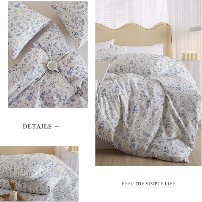 VM VOUGEMARKET 3 Pieces Blue White Duvet Cover Queen Floral Botanical Comforter Cover with Zipper Soft Cotton Cottagecore Bedding Set for Girls Women-90x90 Inch