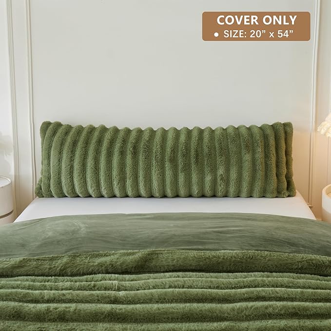 MEGO Fluffy Faux Rabbit Fur Body Pillow Cover, Luxury Plush Fuzzy Striped 20x54 Bedroom Body Pillowcase Moss Green, Furry Long Bed Pillow Case with Zipper for Kids Girls Teens Adults, Sage Green