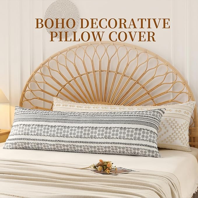 DOWNSTORIA Body Pillow Cover, Boho Cutwork Decorative Body Pillowcase, Ultra Soft Microfiber Long Pillowcase with Envelope Closure 20x54 inch (Boho Beige)