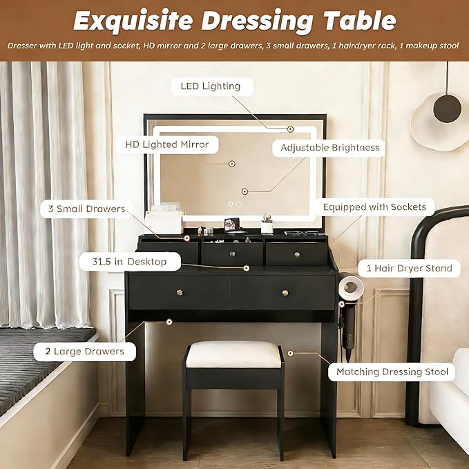 Casaphoria Vanity Desk with Large Mirror, 5 Drawers, Adjustable Lighting & Power Outlet - Modern Black Makeup Vanity Set with Hair Dryer Holder for Bedroom, Dressing Table with 3 Light Colors