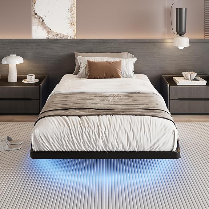 SHA CERLIN Floating Bed Frame Twin Size with Smart LED Lights and Charging Station, Heavy Duty Metal Platform Bed with Modern Design,No Box Spring Needed, Easy Assembly, Matte Black