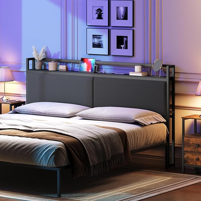 YATINEY King Size Headboard with Storage Shelves, Upholstered Headboard with Charging Station, Height Adjustable, Sturdy and Stable, Vintage Style, Black