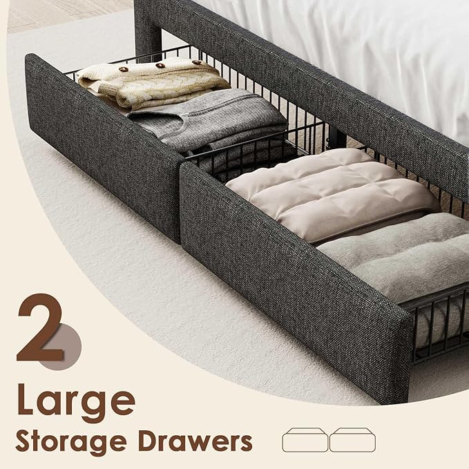 Driftalia LED King Size Bed Frame with 2 Storage Drawers, Upholstered King Bed Frame with Headboard and Charging Station, No Box Spring Needed, Easy to Assembly-Dark Grey