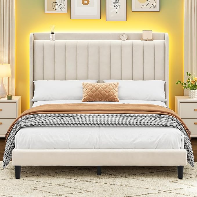 YITAHOME Queen Bed Frame with Adjustable Velvet Wingback Headboard 43.3"-47.4", Upholstered Platform Bed with LED Lights, Solid Wood Slat Support, No Box Spring Needed,Beige