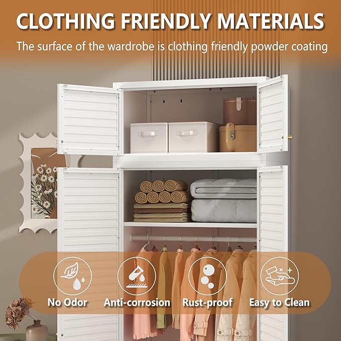 Polup Metal Armoire Wardrobe Closet, 86" Tall Wardrobe Armoire with Hanging Rod, Almirah for Clothes with Doors, 18" D x 32" W x 86" H, White, Assemble Required, Shipped in Two Packages