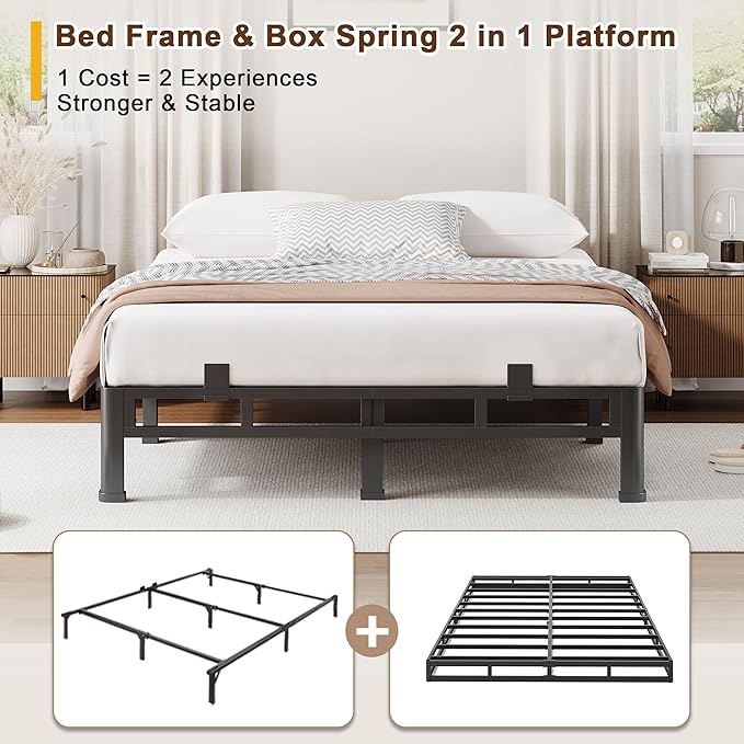 ROIL 10 Inch Queen Bed Frame, Metal Bed Frame & Box Spring 2 in 1 Platform with Round Corner Legs, 4000LBS Double Layer Low Profile Metal Platform Mattress Baffles, Noise-Free Easy Assembly