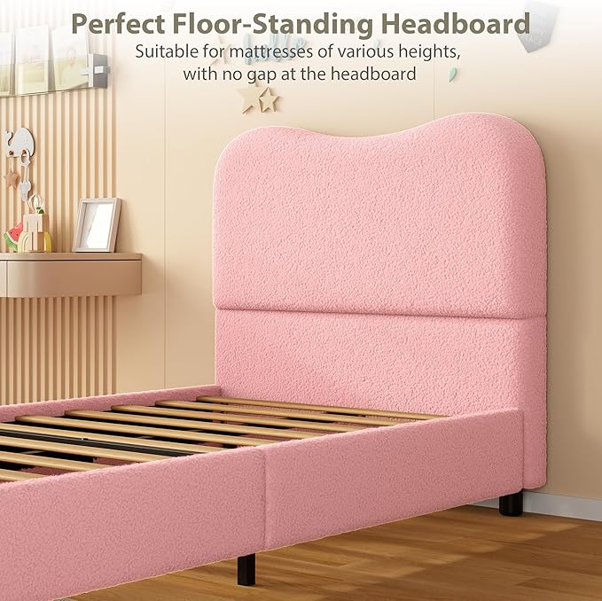 Boucle Twin Bed Frame for Kids with Upholstered Headboard, Low Profile Sturdy Platform Bed with Soft Boucle Fabric for Girls and Boys, Heavy Duty, Wooden Slats, Noise Free, No Box Spring Needed, Pink