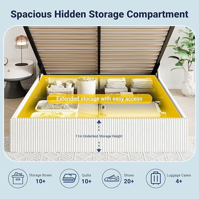 Allewie Full Lift-Up Storage Bed Frame with Modern Wingback Headboard, Corduroy Upholstered Platform Bed, Hydraulic Gas Lift Support, Underbed Storage, Wooden Slats, No Box Spring Needed, White