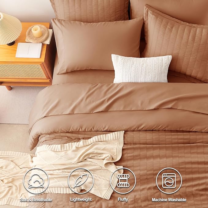 CozyLux Full Size Comforter Sets with Sheets 7 Pieces, Pumpkin Seersucker Bed in a Bag Textured Luxury Soft Bedding Set with Down Alternative Comforter, Sheets, Pillowcases & Shams for All Season