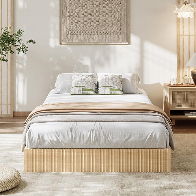 Garvee Twin Bed Frame, Wood Platform Bed with Fluted Design, Low Profile BedFrame, Minimalist Bed Base with Noise-Free, Easy Assembly, No Box Spring Needed, Natural