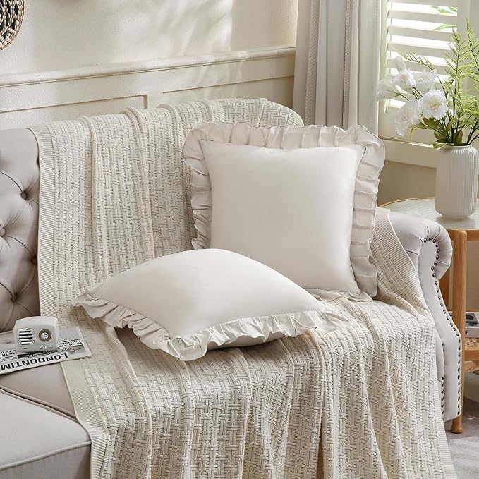Merryword Beige Pillowcases 18x18 Throw Pillow Covers Pack of 2 Soft Microfiber Ruffle Decorative Pillowcase Cushion for Couch Sofa Bedroom