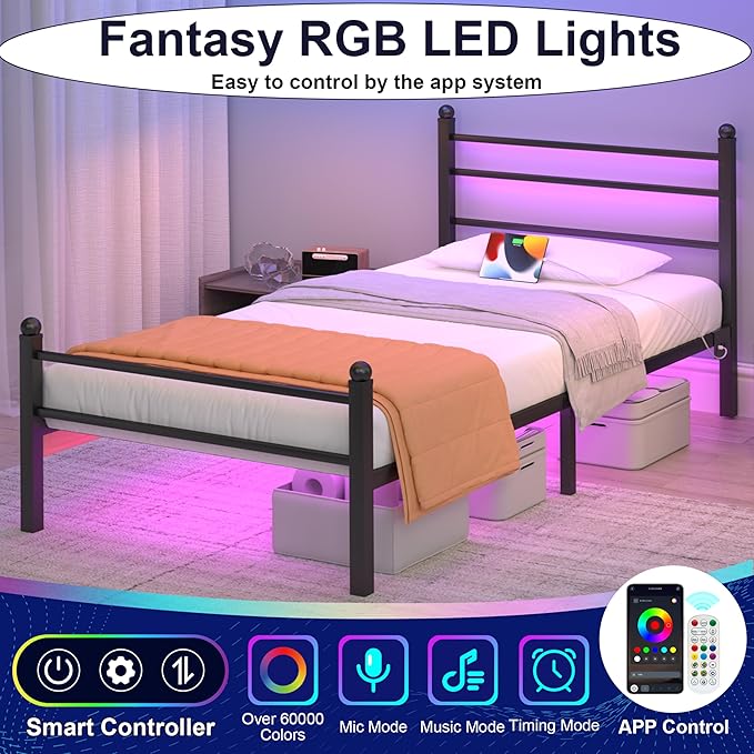 J.Fkne Twin Bed Frame with LED Lights & Charging Station, Metal Platform Bed with Headboard, Heavy Duty Metal Slats, No Box Spring Needed, Noise Free, Easy Assembly, Black