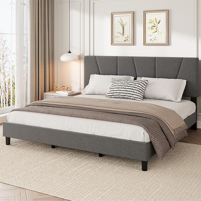 King Size Upholstered Platform Bed Frame with Adjustable Headboard, Fits 8-14 Inch Mattress, Heavy Duty Bed Frame with Wooden Slats Support, Noise-Free, Non-slip, No Box Spring Needed, Easy Assembly