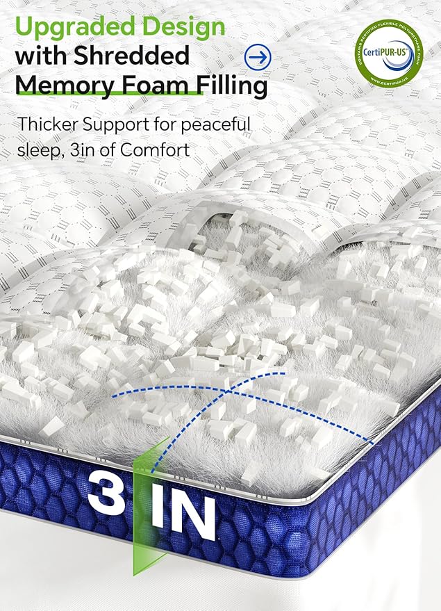 BEDELITE Twin Mattress Topper 3 Inch Thick Mattress Pad, Plush Pillow Top Bed Cover with Elastic Deep Pockets Up to 6-24 Inch for Pressure Relief, Shredded Memory Foam Filling