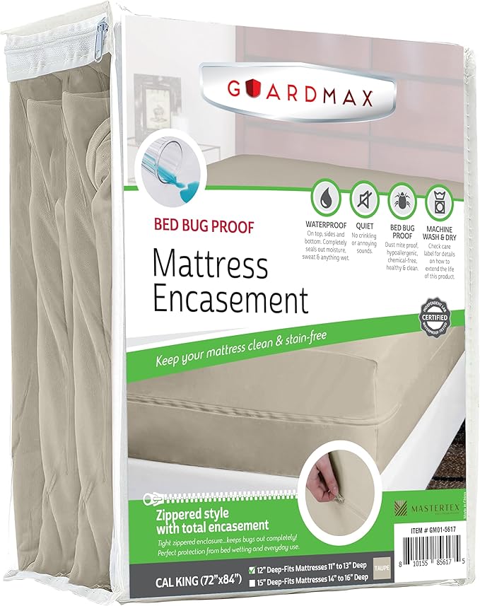 Guardmax California King Mattress Encasement with Zipper, Waterproof, Bed Bug Proof,Dust Mite Proof Mattress Protector for California King Size up to 12" Deep, Zippered all around Jersey Knitted Cover